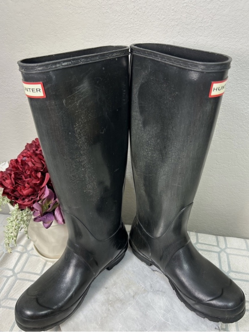 Hunter Tall Matte Black Rubber Rain Boots with Red Logo
